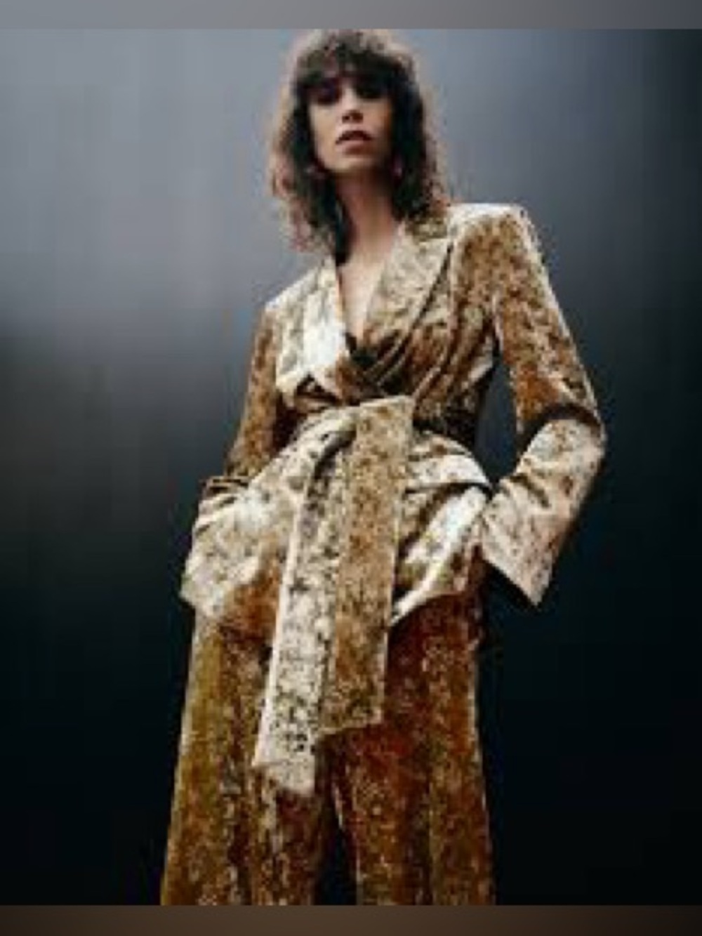 NWT Zara Velvet Tie-Waist Blazer Jacket - Olive Green Gold Metallic Thread Large